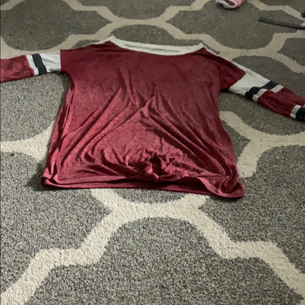 Red, Blue, and White mid arm length tee.